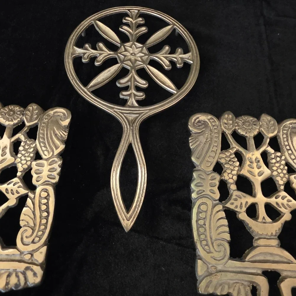 Vintage Ornate Brass‎ Trivets, Set of 3. 1 Snowflake 2 Egyptian Leaves